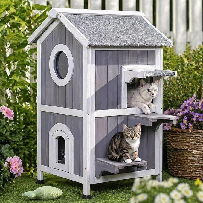 GEGURI Outdoor Cat House Weatherproof, Wooden Two-Story Feral Cat Shelter with Openable Roof, Escape Door, Balcony