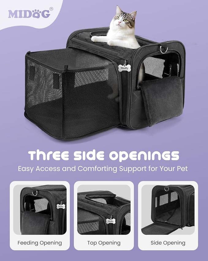 MIDOG Cat Carrier Soft for Small-Medium Cats Up to 15lbs, Airline Approved | Expandable Square Design,Comfort & Breathable Window,Equipped with anti-slip lock zippers and an internal safety leash