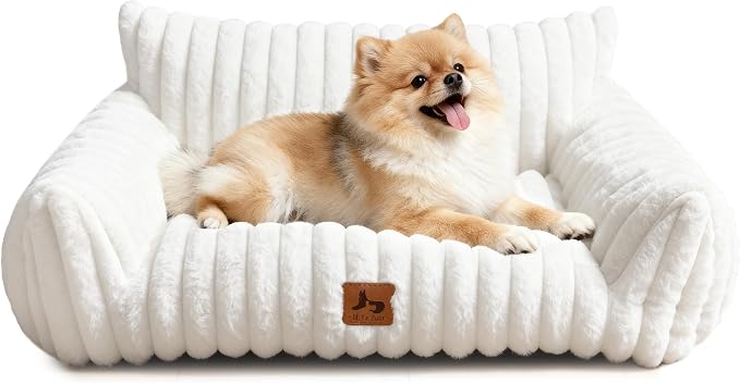 Cat Couch for Pets, Cute Small Dog Couch Bed with Cozy Soft Faux Rabbit Fur for Small Dogs, Fuzzy Dog Couch for Indoor Cats, Supportive Pet Sofa with Removable Washable Cover, Cream, 30"