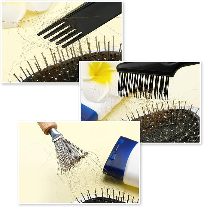 Boao 4 Pcs Hair Brush Cleaning Tool Set Mini Hair Cleaning Brush Tool Wooden Handle Mini Rakes for Removing Dust Home Salon Use(Black)