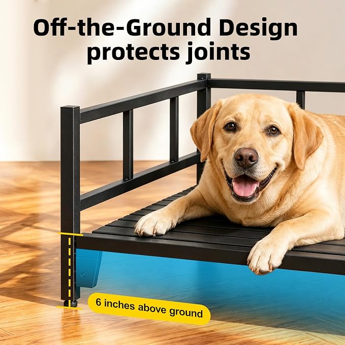 Indestructible Elevated Steel Dog Bed Frame 47"x 27"x 12" with Washable Cushion Mat, Raised Pet Cot Supports 220lbs Large Size Dog,Sturdy, Durable, No-Slip Feet, for Indoor & Outdoor,Matte Black