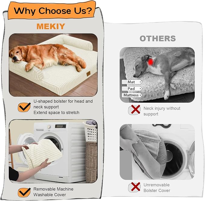 Orthopedic XL Dog Bed with Bolster for Extra Large Size Dogs | Pillow Support for Neck Relief, Egg Crate Foam, Skin-Friendly Surface, Waterproof Liner, Anti-Slip Bottom, 42 x 30 Inch