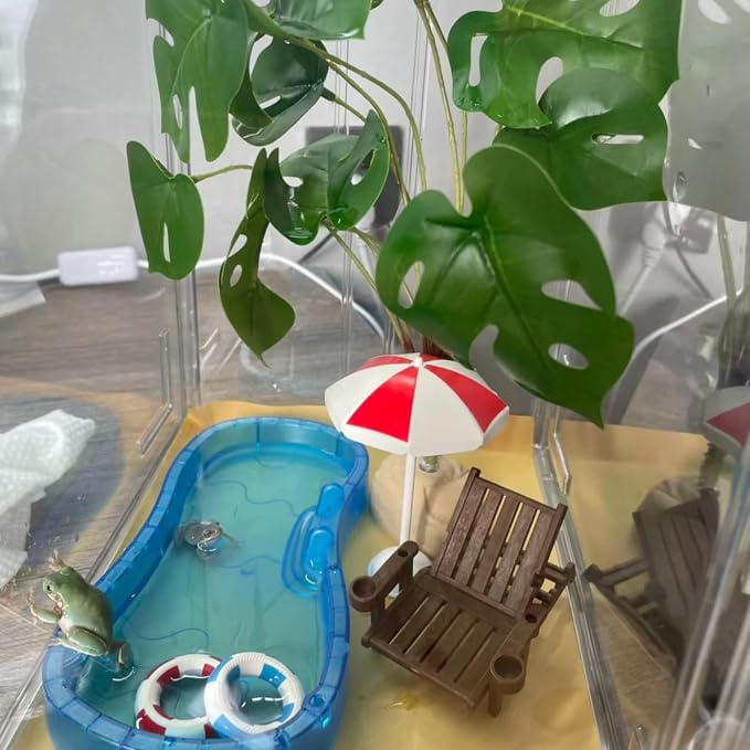 Tree Frog Tank Accessories - Novelty Pool Theme Set Turtle Habitat Decoration Reptile Water Food Bowl for Amphibian Aquatic Frog Toad Lizard Leopard Gecko Hermit Crabs Snake Spider Scorpion (Pool Set)