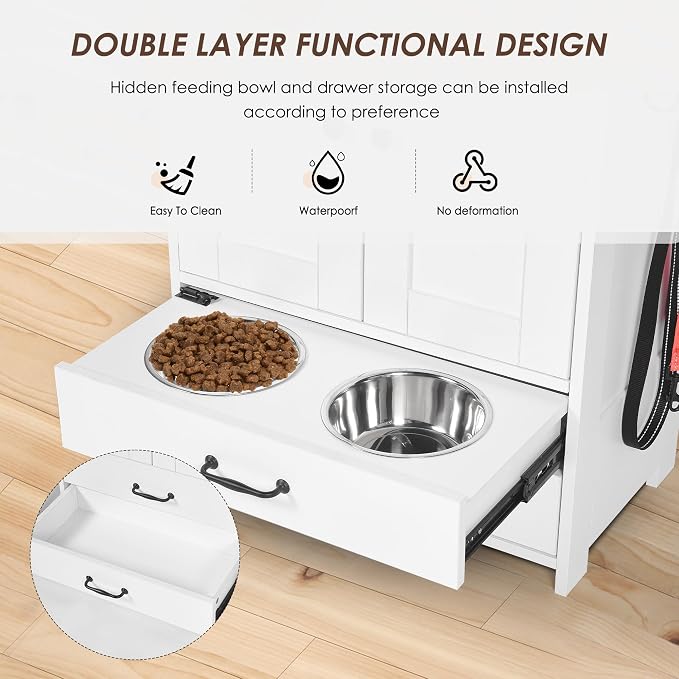 Dog Feeding Station Storage Cabinet: Pet Feeder Container Cabinet with 2 Hidden Raised Dog Bowls Drawers for Feeding & Watering Supplies