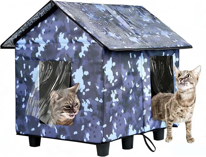 Elevated Insulated Outdoor Cat House Weatherproof - 20"x19"x17" Waterproof PVC Top & Aluminum Film Liner Camouflage Feral Cat Shelters for Keeping Cats Winter Warm, Gray