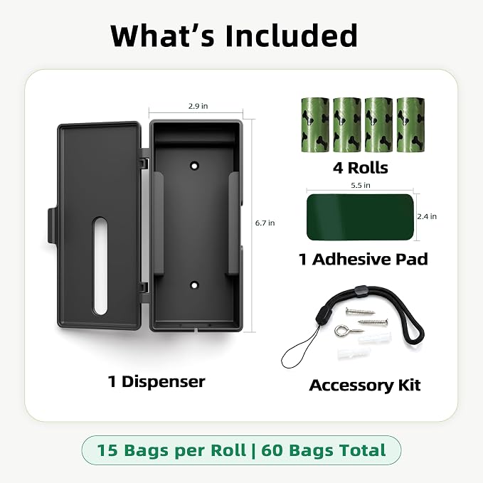 URSPET Dog Poop Bag Dispenser with 4 Rolls, Wall Mount Pet Waste Holder | Stick-On or Screw-On, Viewing Window, Easy Bag Pull, Flip-Top Refill, 60 Bags Included, Indoor and Outdoor Use