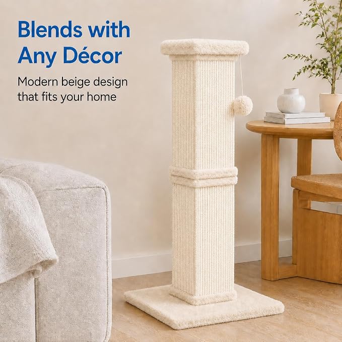 Vertical Cat Scratching Post for Indoor Cats, Sisal Scratch Tower with Soft Plush Base & Dangling Pom Ball, 32'' Tall Cat Scratcher Column for Kittens and Adult Cats, Furniture Protection, Beige