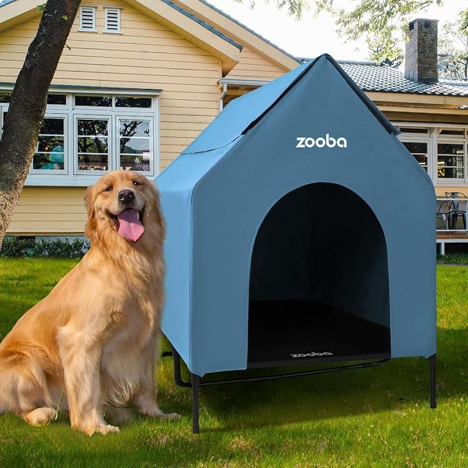 Zooba 48in XL Dog House Outdoor, Elevated Dog Bed with Canopy, Blue | Weather-resistant 600D PVC canopy, breathable 2x1 Textilene elevated bed, steel frame; indoor or outdoor; easy to clean