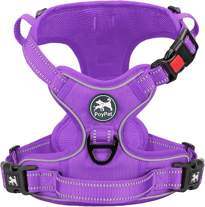 PoyPet No Pull Dog Harness, Reflective Vest with 2 Leash Clips & Handle | Lockable Neck Release Buckle, No Choke, Adjustable, Soft Padded, for Walking Training, Purple Matching Trim, Large