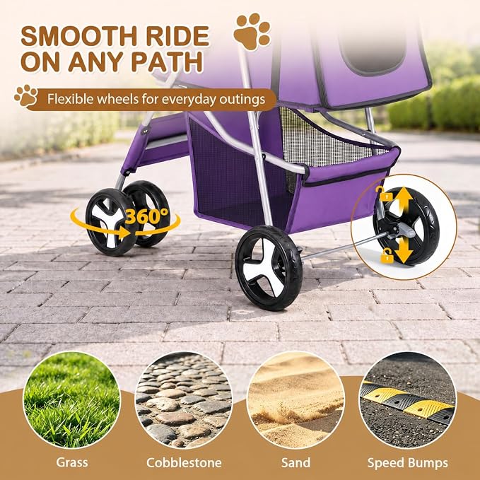Pet Stroller 4 Wheels Dog Cat Stroller for Small Medium Dog Cats Carrier Jogger Travel Foldable Puppy with Storage Basket and Cup Holder (Purple)