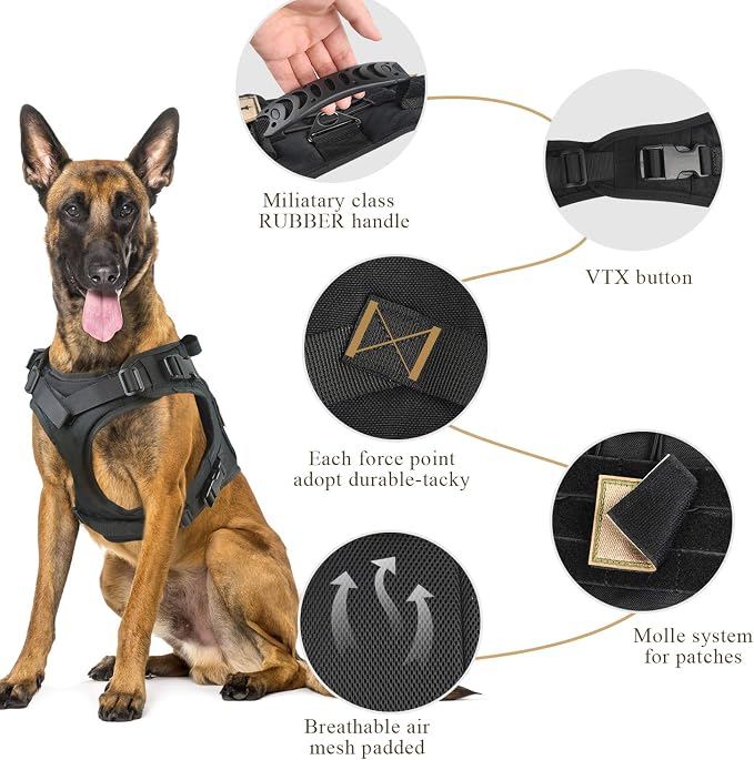 Tactical Dog Vest Harness, Outdoor Training Service Dog Vest Adjustable Military Working Dog Vest with Molle System and Rubber Handle (XL=26.8"-30.7" Chest (Adjustable), Black)