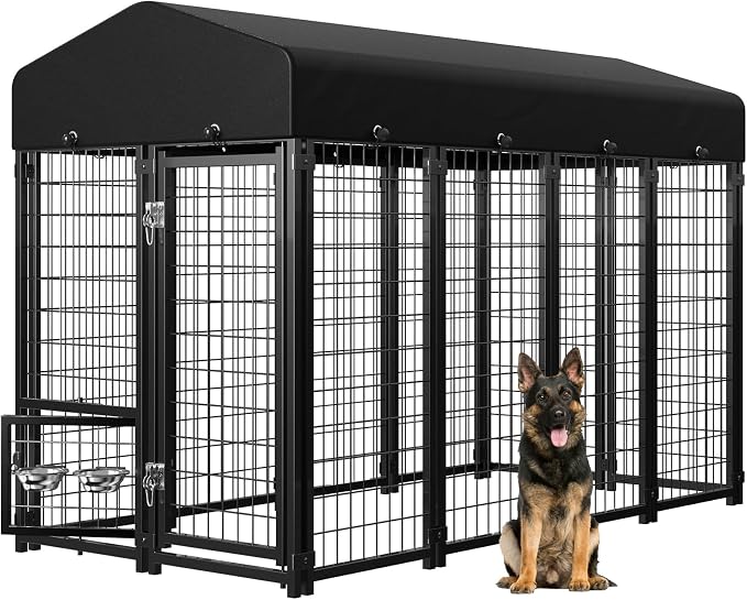 Dog Kennel Outdoor, Weatherproof Outside Dog Kennel with Roof & Swivel Feeders and Removable Dog Door, Heavy Duty Outdoor Kennels Dog Enclosure Run for Medium Large Dogs (8'L x 4'W x 6'H)