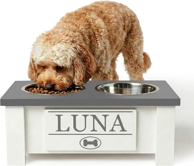 Elevated Dog Bowls for Small Dogs, Personalized Food Stand for Small Breed | Farmhouse Style, Elevated Wood Stand, Storage Container, Stainless Steel Bowls, Raised Anti-Slip Feeder, Made in USA