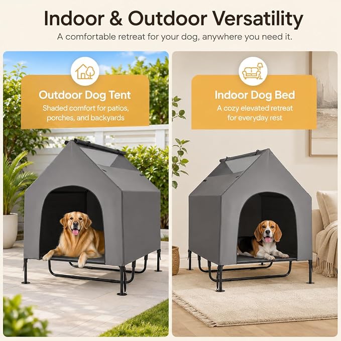 Erinnyees 48" Large Dog House Outdoor for Large Dogs, 2-in-1 Waterproof Dog House & Elevated Dog Bed with Removable Canopy, Breathable Mesh Windows, Steel Frame Dog Tent for Patio Backyard Camping