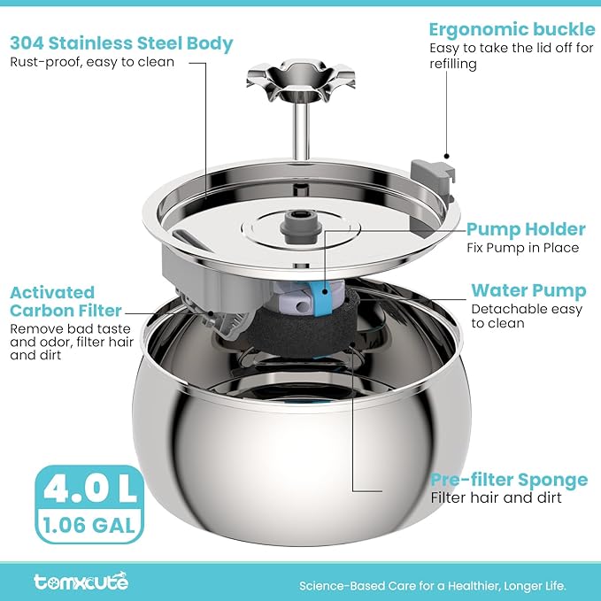 Tomxcute Cat Water Fountain, 4.0L/135oz Stainless Steel Pet Fountain Flower Design, Ultra-Quiet Pump and 3 Replacement Filters & for Cats, Dogs, Multiple Pets