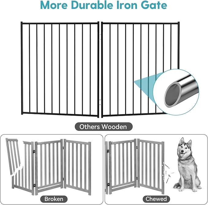 No Pawblems Free Standing Dog Gate, 36'' Tall Foldable Dog Fence for Indoor & Outdoor, Up to 52 Inch Extra Wide Puppy Gate for Stairs, Hallways, Doorways, Deck, Yard (Black, 2 Panels)