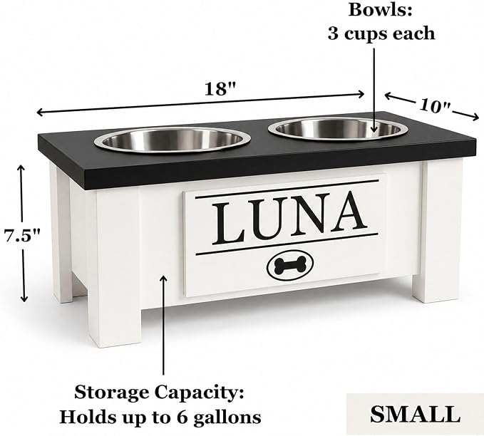 Elevated Dog Bowls for Small Dogs, Personalized Food Stand for Small Breed | Farmhouse Style, Elevated Wood Stand, Storage Container, Stainless Steel Bowls, Raised Anti-Slip Feeder, Made in USA
