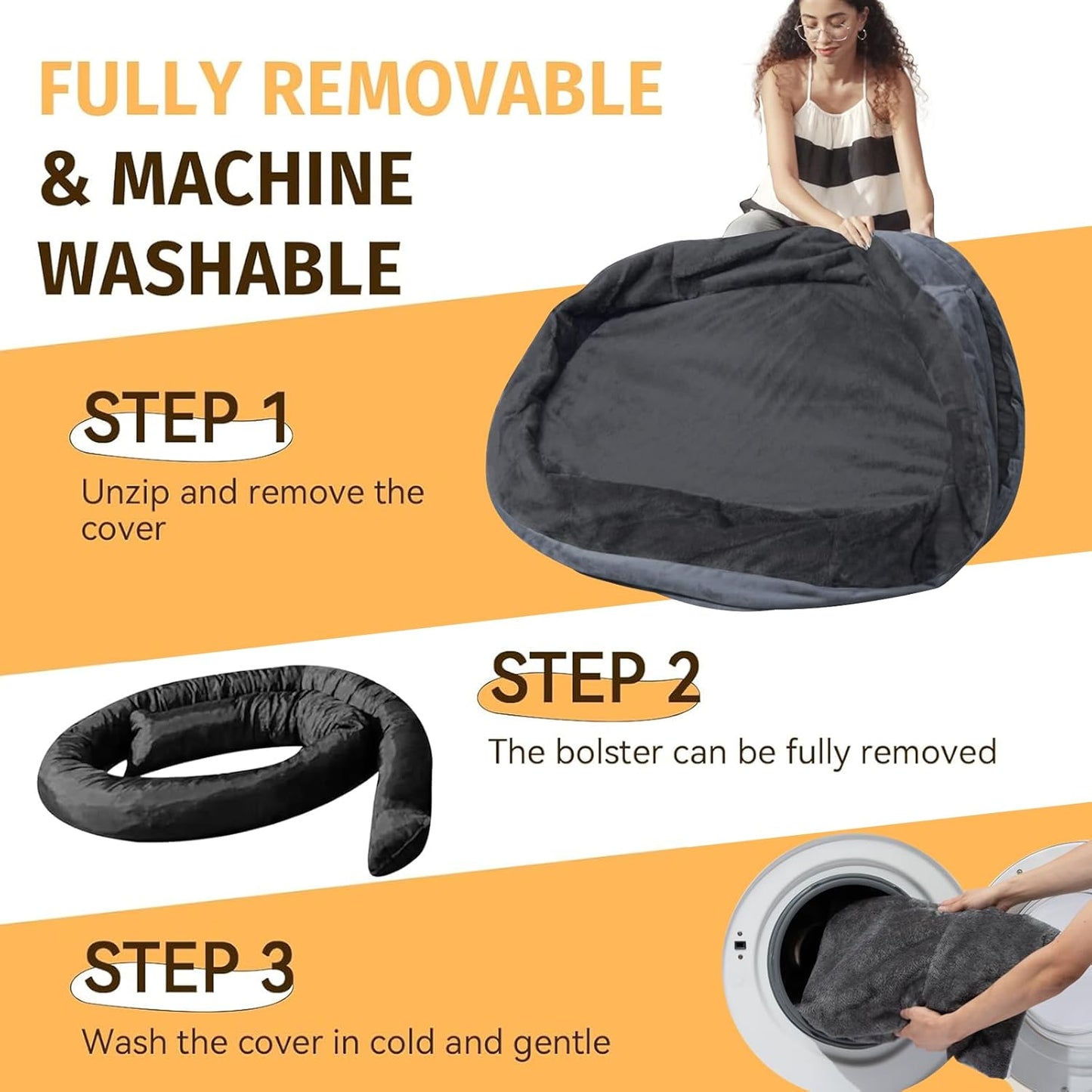 Orthopedic Washable Large Dog Bed: Waterproof Pet Bed with Bolsters - Removable Washable Cover for L XL XXL Large Sized Dog Bed - Non-Slip Bottom