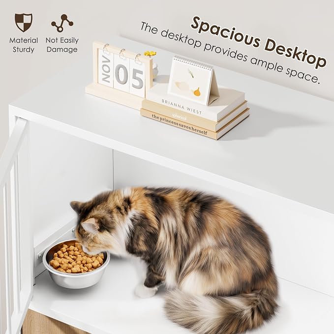 Dog Proof Cat Feeding Station, Metal Cat Feeding Cabinet, White | Elevated Cat Feeding Station, Pet Food Station with Storage, Cat Bowl Stand, Scratching Board, Stainless Steel Bowls