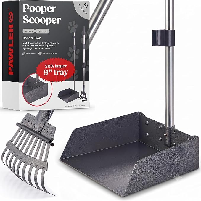 Metal Pooper Scooper for Dogs with Heavy Duty Long Handle Rake & XL Tray | Rustproof Aluminum Poop Scooper for Large Dogs, 36+" Handles and 9”W 9.5”L Extra Large Tray for Yard, Grass, Dirt & Gravel
