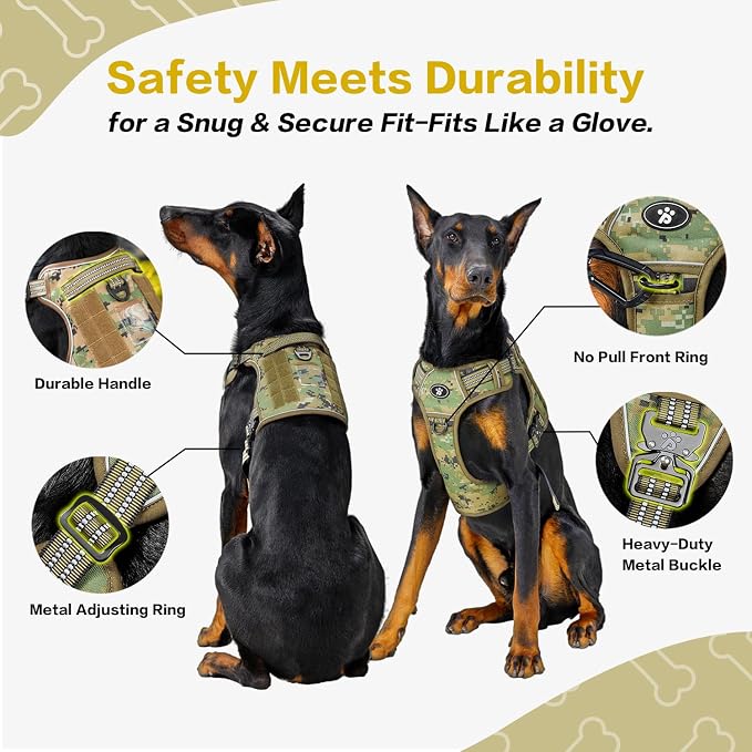 PawsPassion No Pull Dog Harness for Medium Large Dog, Heavy Duty Tactical Adjustable Pet Harness, Voyager Service Vest Harness with Easy Control Handle Reflective Strip (Forest Recon, L)