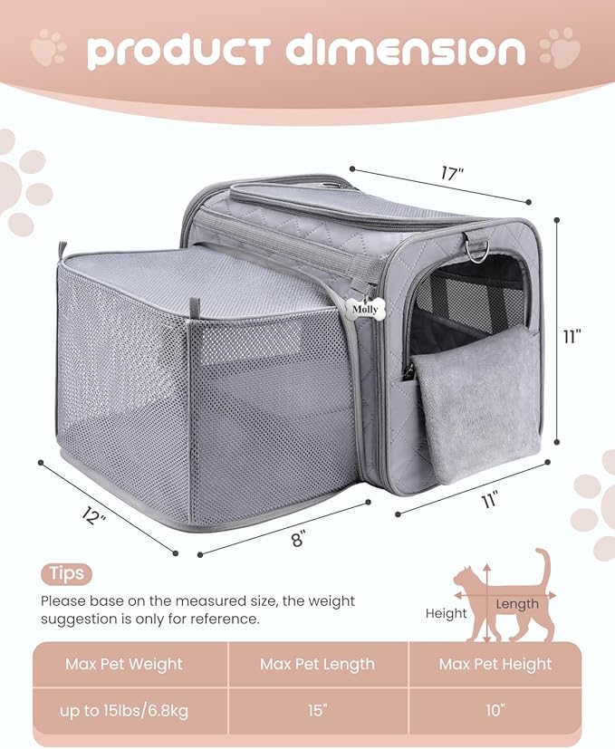 MIDOG Cat Carrier Soft for Small-Medium Cats Up to 15lbs, Airline Approved | Expandable Square Design,Comfort & Breathable Window,Equipped with anti-slip lock zippers and an internal safety leash