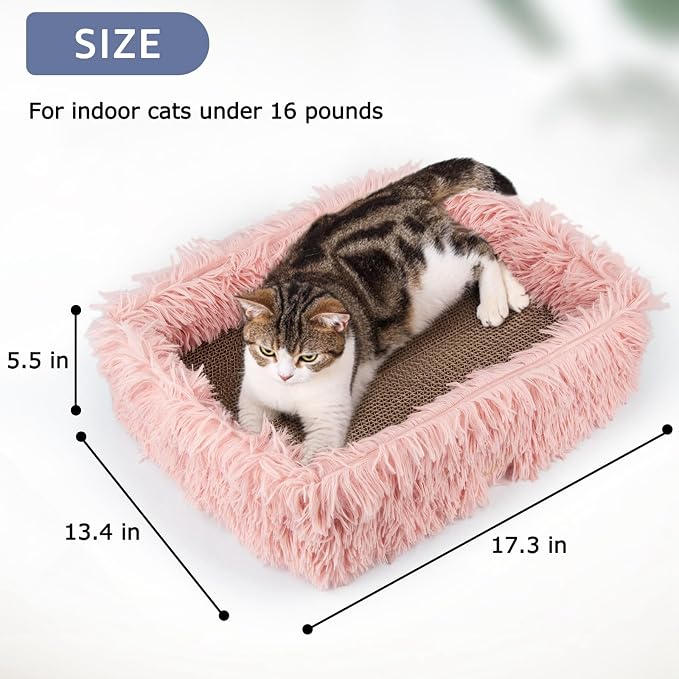 Cat Lounge Scratcher Box with Removable Cardboard (Pink) | High-density Corrugated Cardboard with Double-sided Use, Soft Long Plush, Release Stress and Protect Furniture