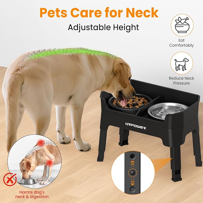 URPOWER 3-in-1 Elevated Dog Bowls with Slow Feeder & Licking Plate | 4 Height Adjustable Raised Stand with 2 Stainless Steel Food Bowls & Licking Plate for Small, Medium & Large Dogs