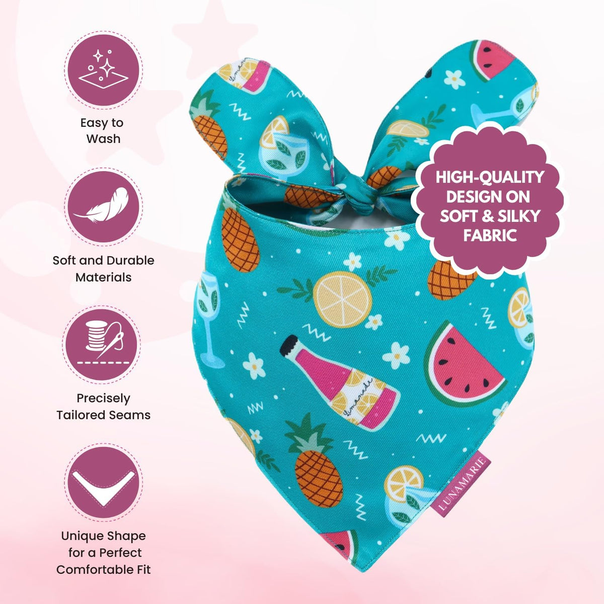 LunaMarie - Luxury Pet Birthday Bandanas -Premium & Silky Poly Fabric | 100% Handmade | Custom Shape Dual Layered (Sippin' Poolside, X-Small)