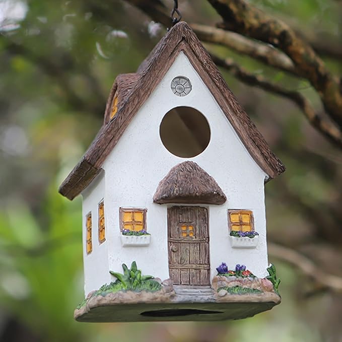 Bird Houses for Outside Rustic Cottage Birdhouse with Thatch Roof – Hand-Painted Resin Birdhouses for Outdoors for Bluebird Finches Cardinals Bird Nesting Garden, Patio, Yard