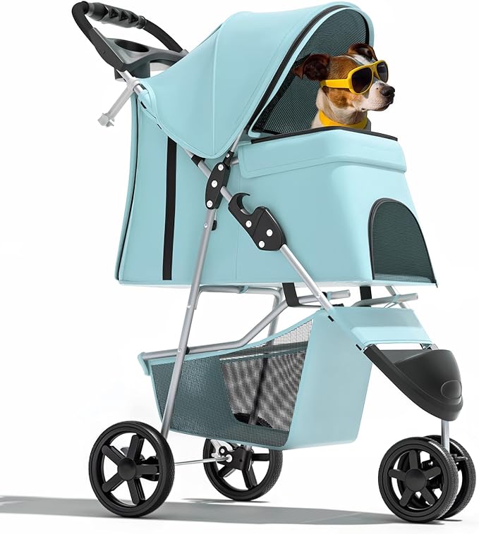 Magshion 3-Wheel Pet Stroller, Foldable Travel Jogger for Small & Medium Dogs & Cats (Up to 33lbs), Lightweight Carrier with Breathable Mesh Cover, Cup Holder & Storage Basket, Mint Green