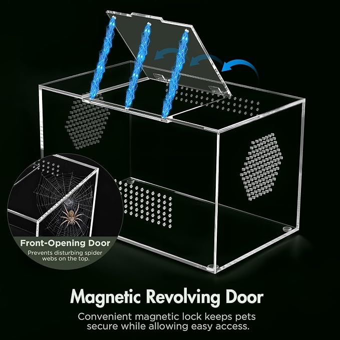 Pre-Assembled Jumping Spider Enclosure, All-Side Ventilation | 12"x7"x7" Escape-Proof Spider Terrarium Kit with Magnetic Door for Tarantula, Mantis, Snail, Tweezer & Temp Sticker Included