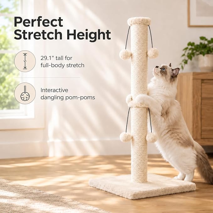 Dimaka 34'' Cat Scratching Post, Cat Scratching Post, Cat Scratcher for Large Cats with Teasing Toy Ball, Natural Sisal White and Grey (Beige)