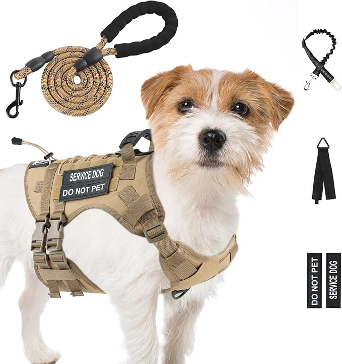 No Pull Tactical Dog Harness Small Sized Dog, Service Dog Vest, S, Brown | Tactical Dog Vest Harness and Leash Set, Adjustable Military Service Dog Harness with Handle for Medium Large Dogs