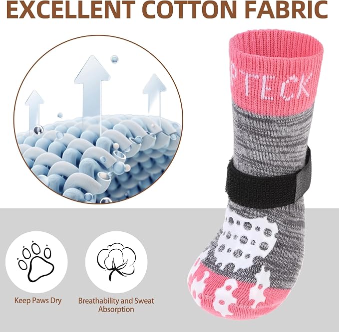 PUPTECK Anti-Slip Dog Socks with Double Sides Grips for Small Medium Large Dogs Hardwood Floors Prevents Licking, Dog Shoes for Hot Pavement Traction Control for Senior Dogs, Grey&Pink M