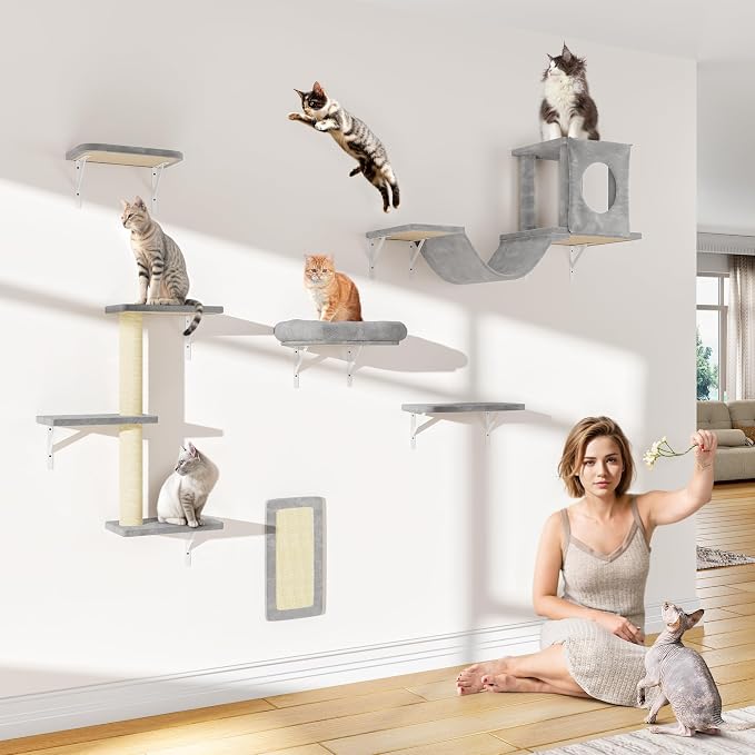 12-in-1 Cat Wall Shelves, Wall Mounted Cat Climber with Condo House, Scratching Post, Bridge Ladder, Space-Saving Indoor Play Furniture for Kittens, Gray