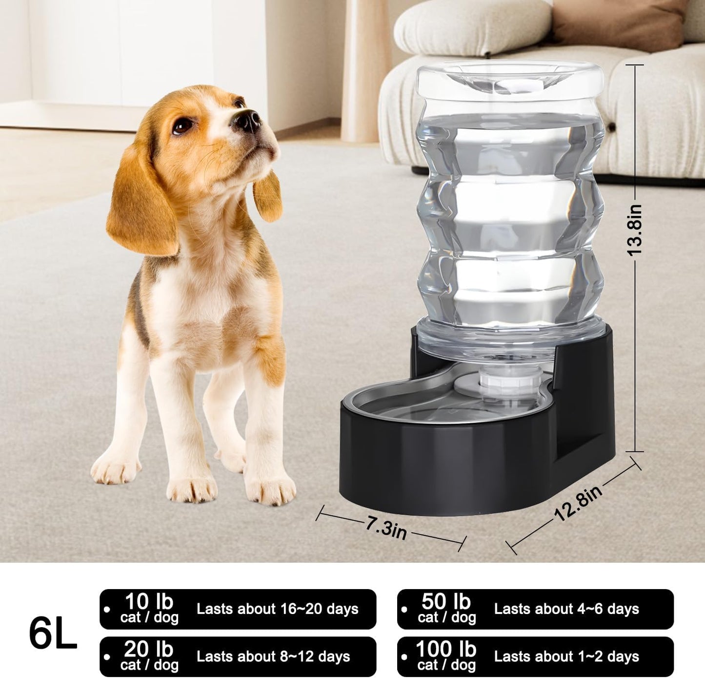 Sfozstra Dog Water Bowl Dispenser: 6L Lagre Stainless Steel - BPA-Free - Automatic Black Gravity Pet Water Dispenser for Busy Owners