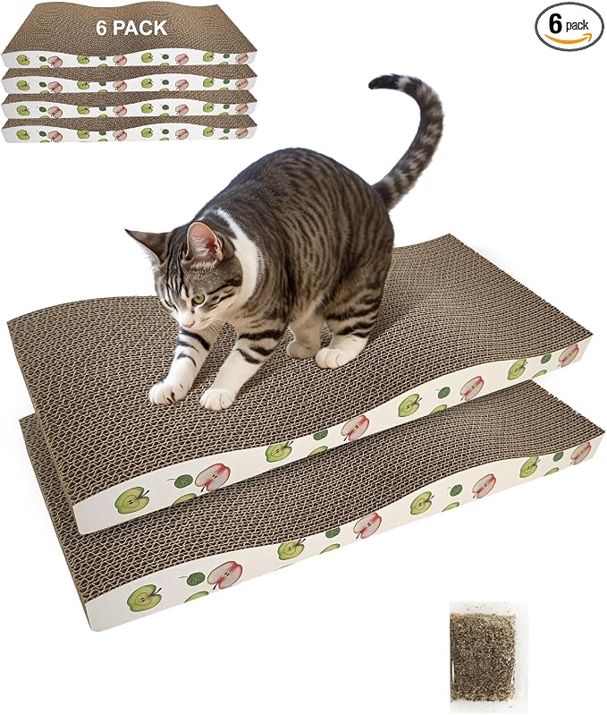 TIMHAKA Cat Scratching Board, Corrugate Cat Scratcher for Indoor Cats with Catnip, Cat Scratch Pad with Premium Scratch Textures Design, Cardboard Cat Scratcher with Double-Sided Usability (Pack of 6)