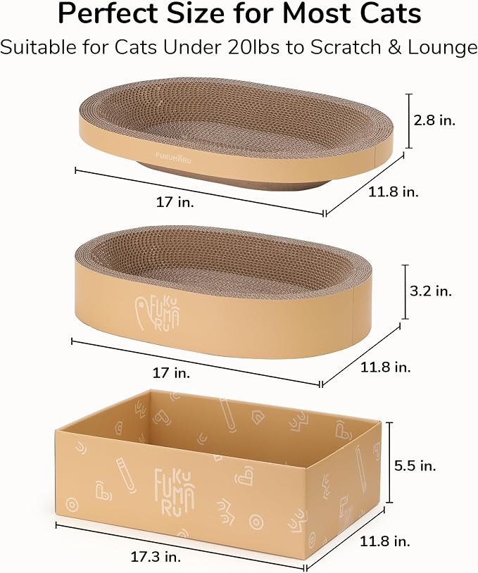 FUKUMARU 3PCS Cardboard Cat Scratcher Bed, Durable Oval Cat Scratch Pads | Round Cats Scratching Board Set, Large Scratcher Box for Indoor Cats, Kitten Scratcher Bowl, Couch Sofa Furniture Protector