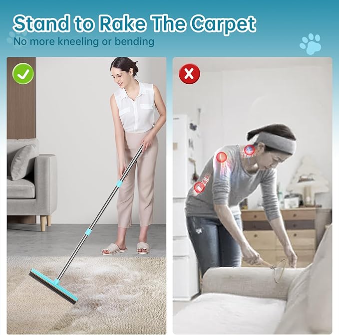 Carpet Rake for Pet Hair Removal, 60" Long Handle Rubber Broom (3 Pack) | Multi-function Pet Hair Removal Tool, Works on Rug Car Mat Pet Bed Furniture, Cleans Dog Cat Fur Efficiently