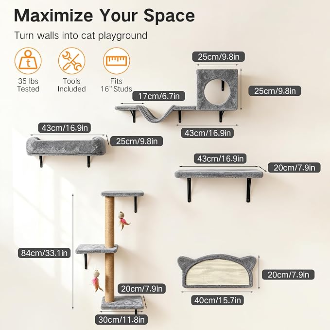 5-in-1 Cat Wall Shelves for Indoor Cats, Wall Mounted Cat Furniture Set with Bed, Perch, Hideaway Condo, Scratching Post & Scratcher, Cat Climbing Wall System, Space Saving Design, Grey