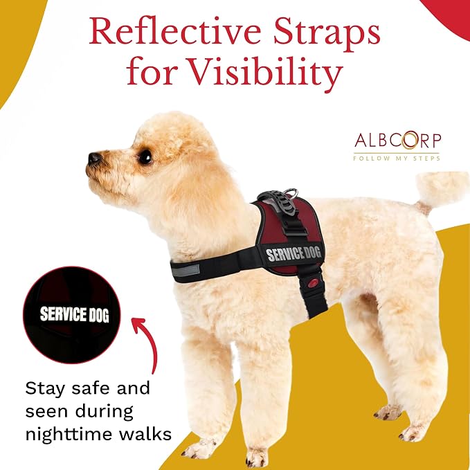 Service Dog Vest Harness – Reflective Service Animal Vest, No-Pull Harness with Handle & Mesh Padding – Sizes XXS-XL for Puppies – 2 Removable Service Patches Included (Extra Small, Maroon)