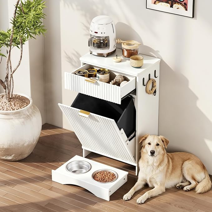 Dog Feeding Station,Dog Food Storage Cabinet,Pet Feeding Station with 2 Elevated Bowls,Hidden Pet Feeder Station with Hooks (Tilt-Out Dog Feeding Station-White)
