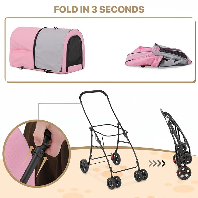 MoNiBloom Double Dog Stroller for Small and Medium Dog Cats, Pink/Gray | Pet Stroller with Detachable Carrier Bags Large 4 Wheels Foldable Jogger for Small and Medium Dog Cats