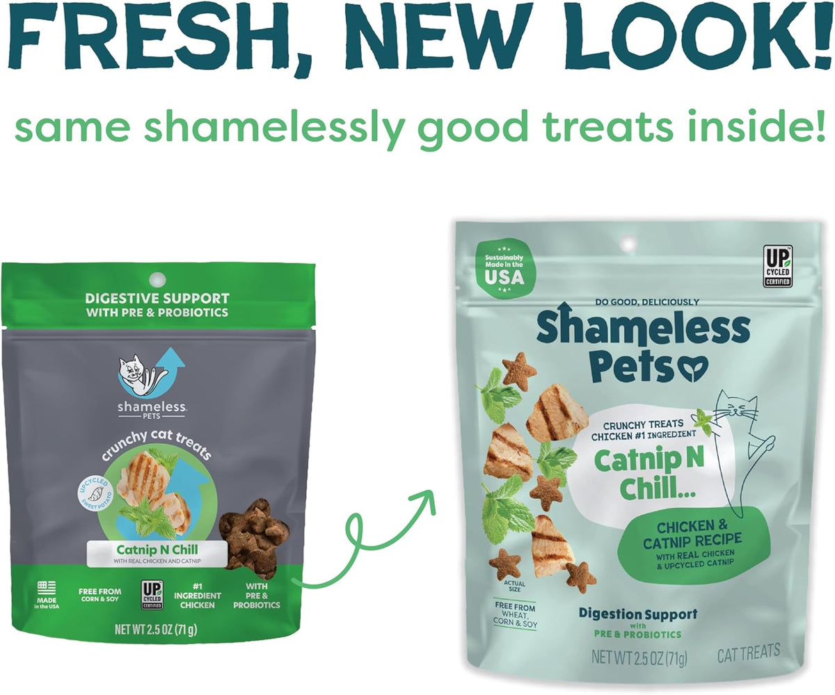 Shameless Pets Crunchy Cat Treats - Catnip Treats for Cats with Digestive Support, Natural Ingredients Kitten Treats with Real Chicken, Healthy Flavored Feline Snacks - Catnip N Chill, 3-Pk
