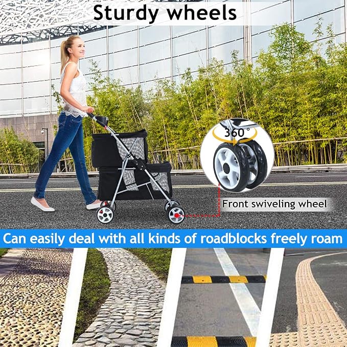 Double Dog Stroller Pet Stroller Cat Stroller for Small Medium Dogs Cats 2 Doggie Puppy or Two Kitty 4 Wheels Folding Travel Carrier Cage with Cup Holders 35LBS Capacity Pet Jogger Strolling Cart