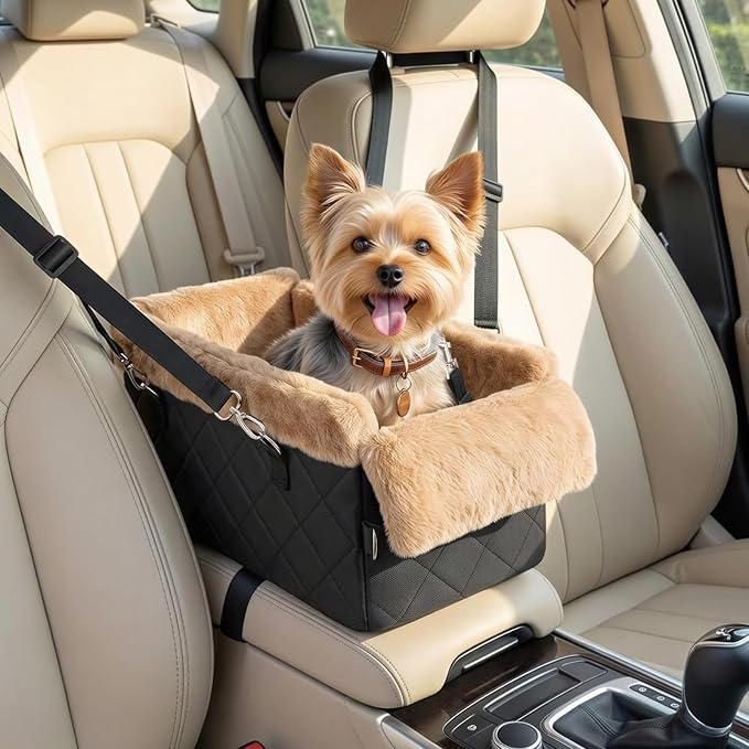 VavoPaw Center Console Dog Car Seat for Small Dogs&Cats Under 12 LBS | Puppy Car Seats with Non-Slip&Strong Support,Anti-Collapse Portable Pet Bed for Puppies with Soft Cushion Safety Belt,Brown