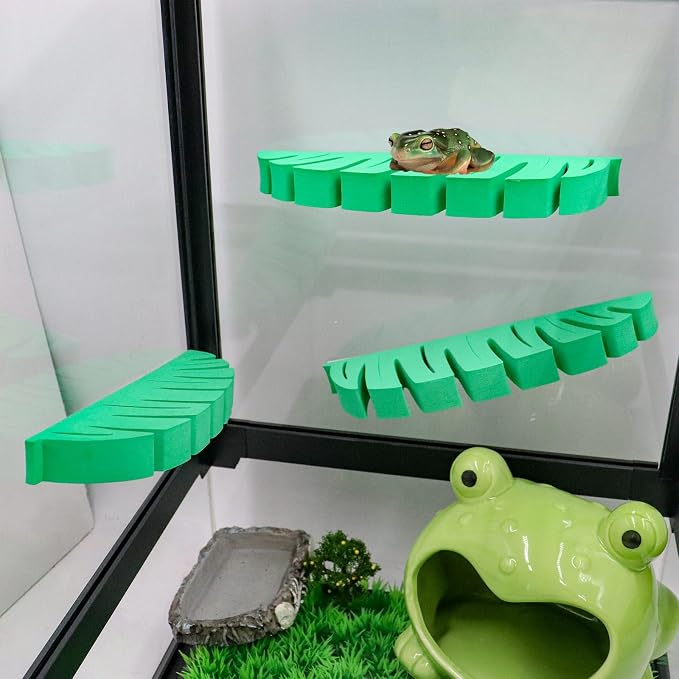 Tree Frog Terrarium Accessories, 3 Pack Green Sponge Relax Spots with Adhesive, Frog Habitat Platform, Tank Habitat Accessories for African Dwarf Frog, Toad