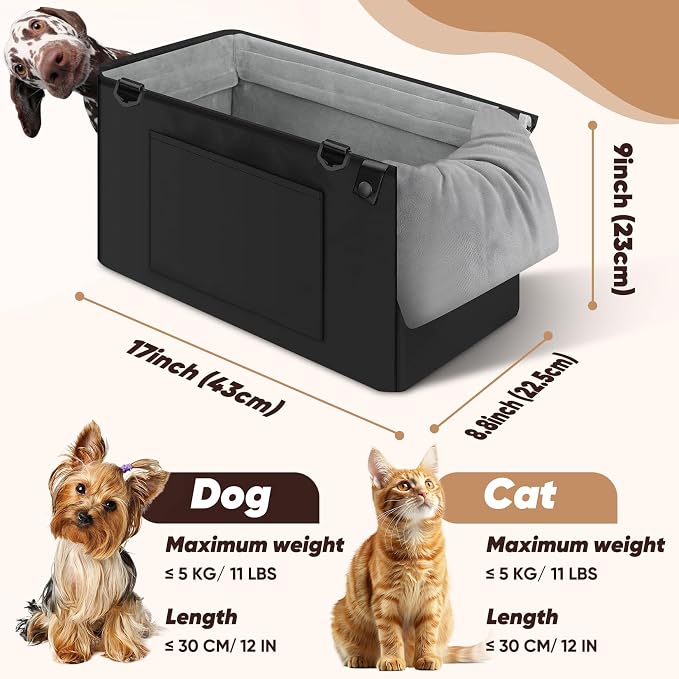 QUMY Middle Center Console Dog Car Seats for Small Dogs Up to 11lbs, Black | Portable Dog Booster Car Seat, Multi-Purpose Puppy CarSeat with Adjustable Harness, Small Dog Cat Pet Car Carriers for Travel