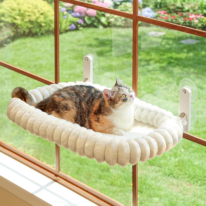 Zakkart SnugCloud Foldable Cat Window Perch - Cordless, Ultra Soft Machine Washable Bed with 4-Sided Bolster, Metal Frame - Window Hammock for Large Cats and Kittens (Cream White, Medium)